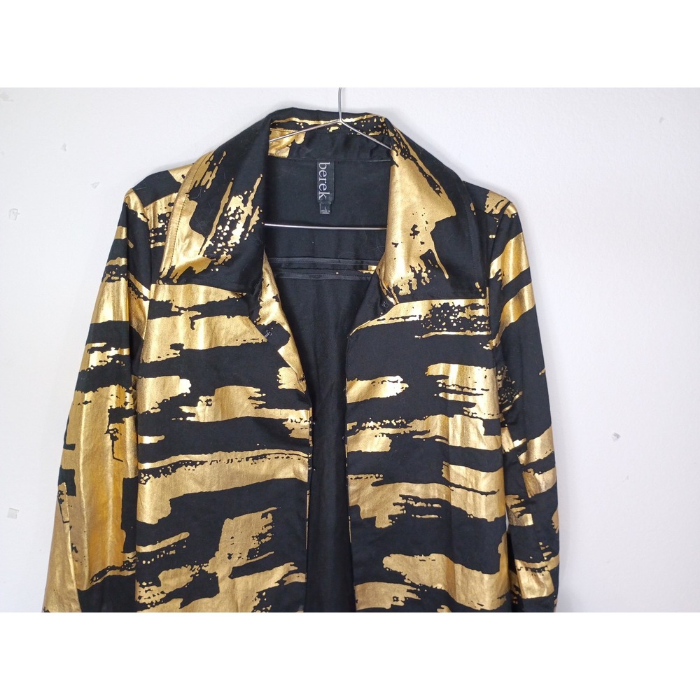 Berek Women Black Gold Metallic Foil Brushstroke Longline Jacket Coat Blazer L - Picture 4 of 13